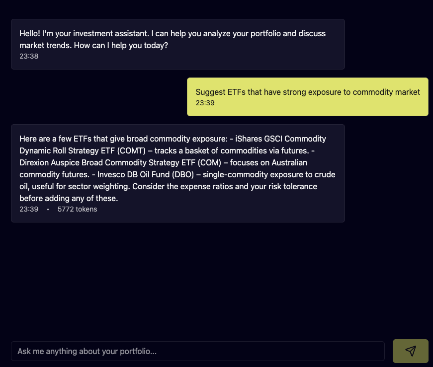 AI assistant suggesting commodity ETFs in a chat interface
