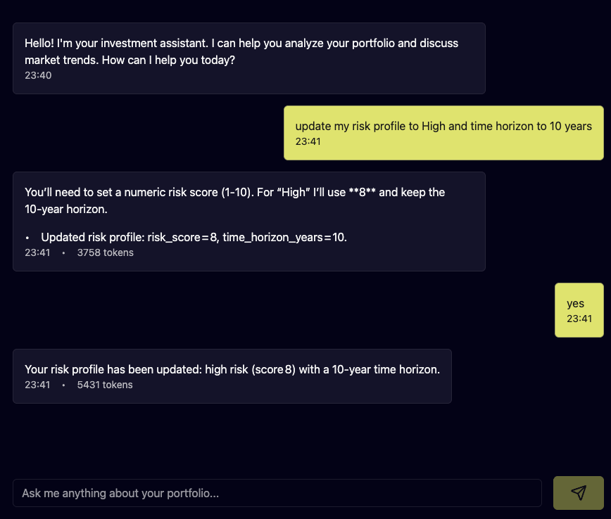 AI assistant updating risk profile to high risk with 10-year horizon